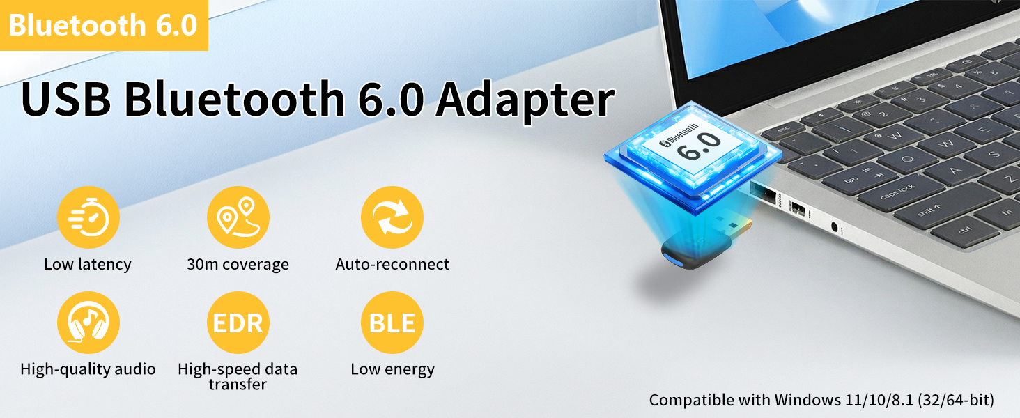 Bluetooth Adapter USB Bluetooth 6.0 Adapter EDR & BLE for PC Compact Design Plug & Play Compatible w