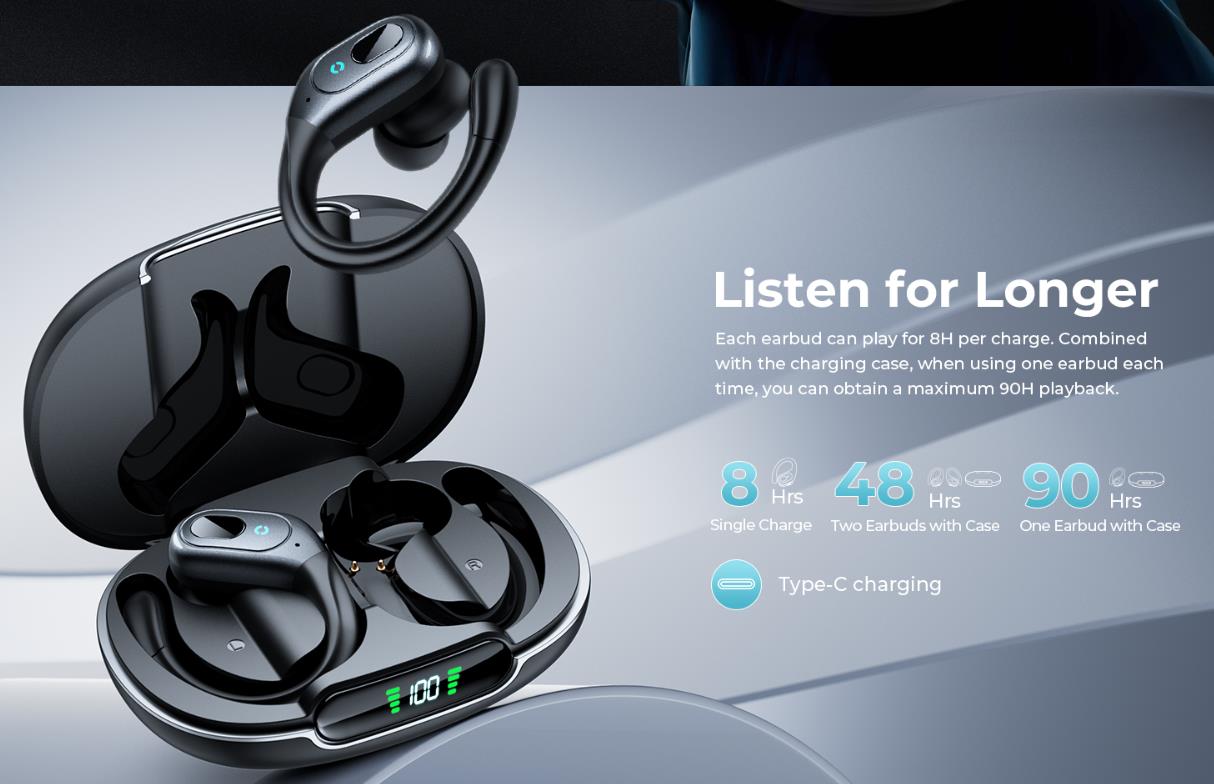 True Wireless Earbuds, Bluetooth 5.3 Sport Wireless Headphone with LED Charging Case, 90H Playback