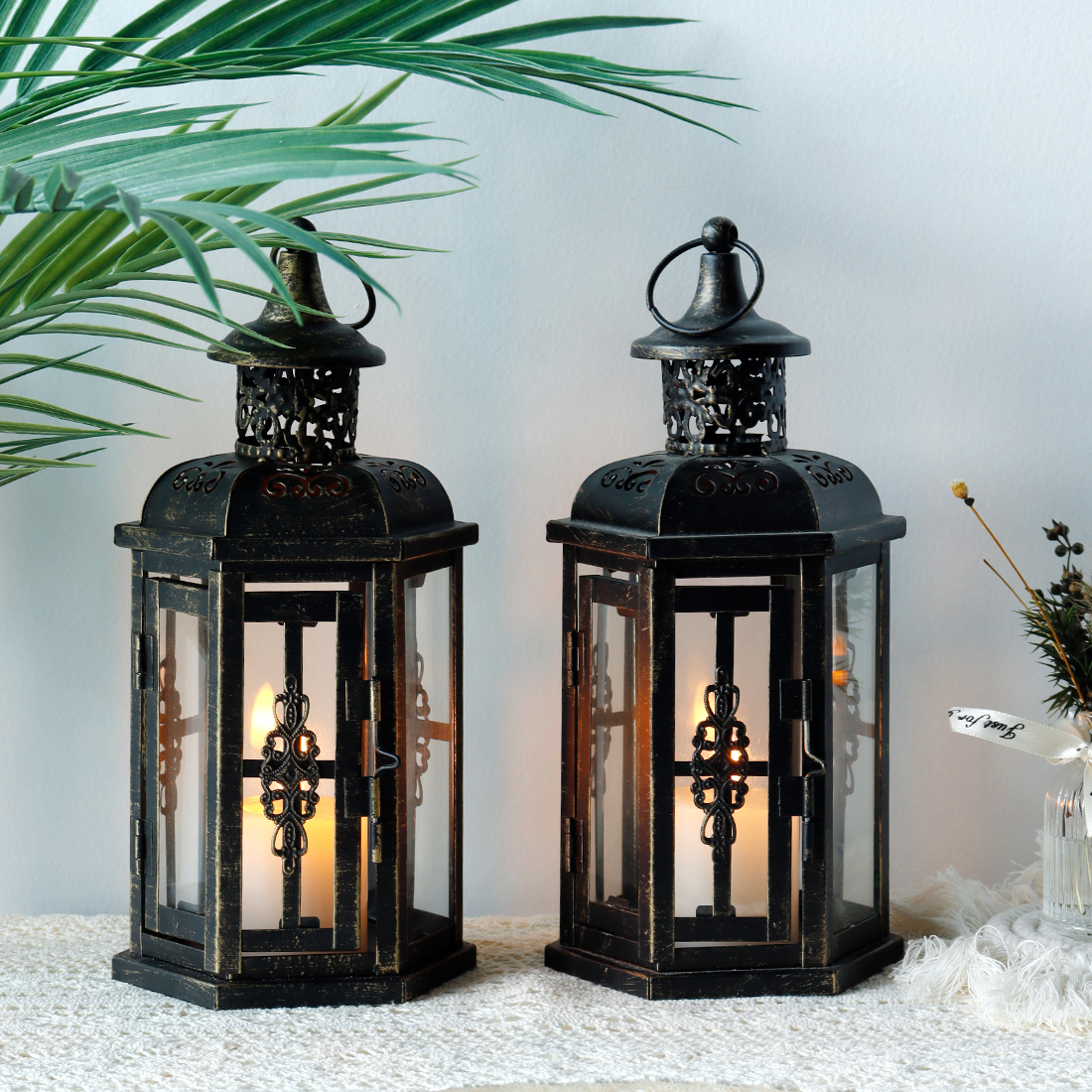 JHY DESIGN Decorative Lanterns-10inch High Vintage Style Hanging Lantern,  Metal Candleholder for Indoor Outdoor, Events, Parities and Weddings(Black  with Gold Brush) 