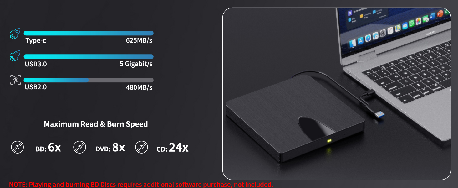 External Blu Ray Drive, USB 3.0 and Type-C Blu Ray Burner Portable Blu Ray DVD/CD/BD Player
