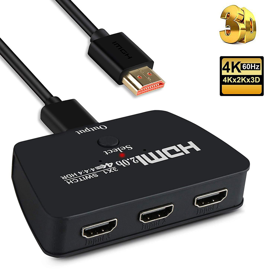 HDMI Switch 4K@60Hz with 3.9FT HDMI Cable, 3 Port HDMI Switcher Splitter, HDMI  Switch Box Hub Support UltraHD, HDR 10, 4K 3D 1080P, for PS4 Xbox DVD  Player Fire Stick Apple TV
