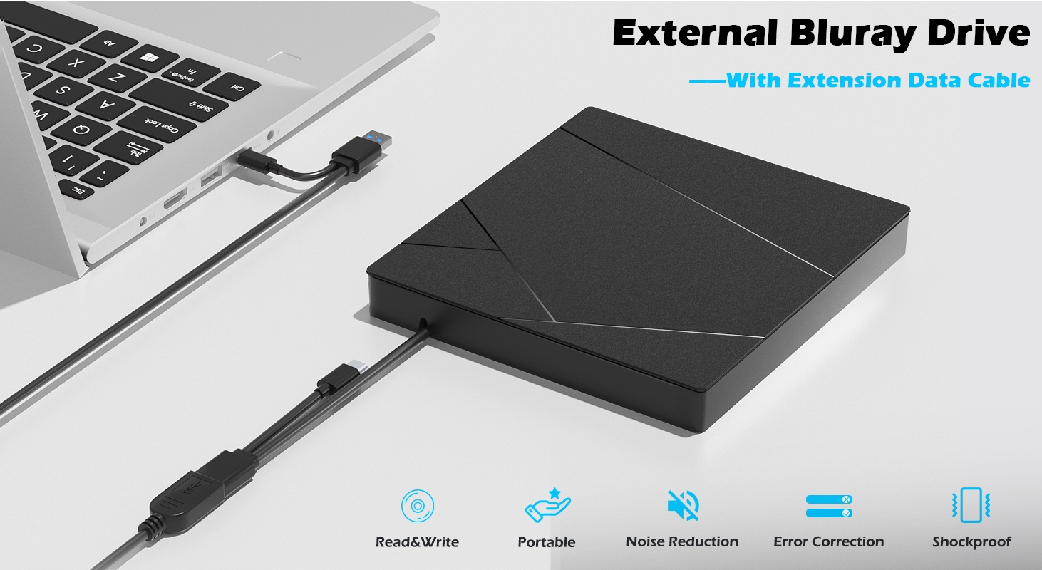 External Blu-ray Drive, External Blueray CD/DVD Drive for PC External Blu Ray CD Burner USB 3.0 Type