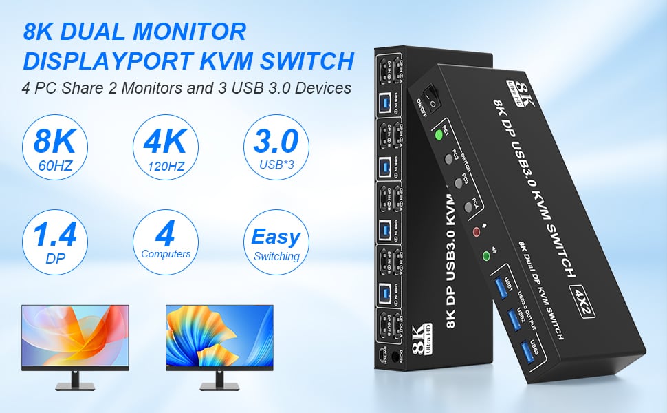 8K@60H 4 Port Displayport USB 3.0 Dual Monitor KVM Switch 4 computers share 2 monitors and 3 USB3.0