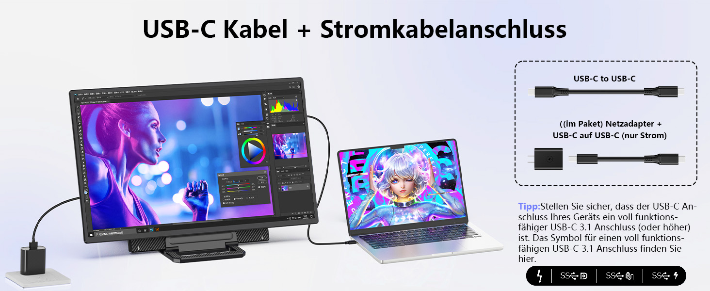 USB-C cable + power cable connection