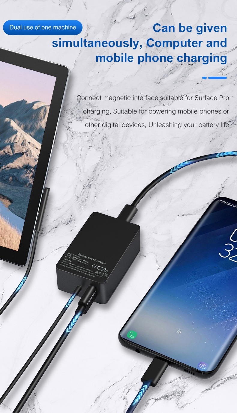 Suitable for Microsoft 65W Laptop Charger Adapter Parameter 15V4A/5V1ASurface Pro3 4 5 6 7 8 9 X