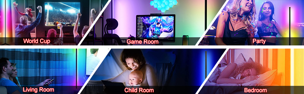 RGB Corner Floor Lamp for Gaming Room, 65.3 Dimmable LED Modern Floor Lamp  with Adjustable Height/ Brightness/ Speed, Music Sync, APP, Remote Control,  Color Changing Light for Home, Disco, Club, etc. 