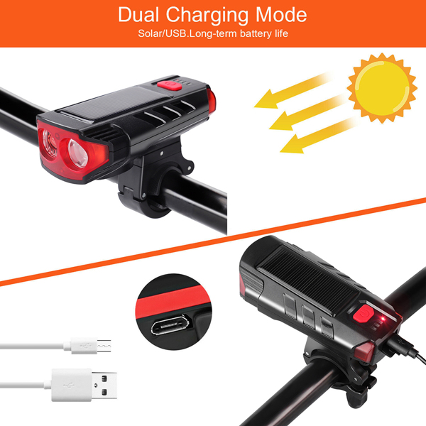 Solar Powered Led Bicycle Front Headlight with Horn, USB Rechargeable Waterproof Bike Light