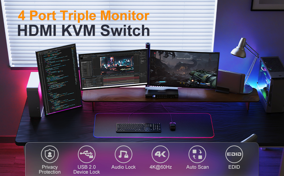 TRIPLE MONITOR KVM 4PORT4K 60HZ UHD 4 Computers x 3 Monitor AUDIO