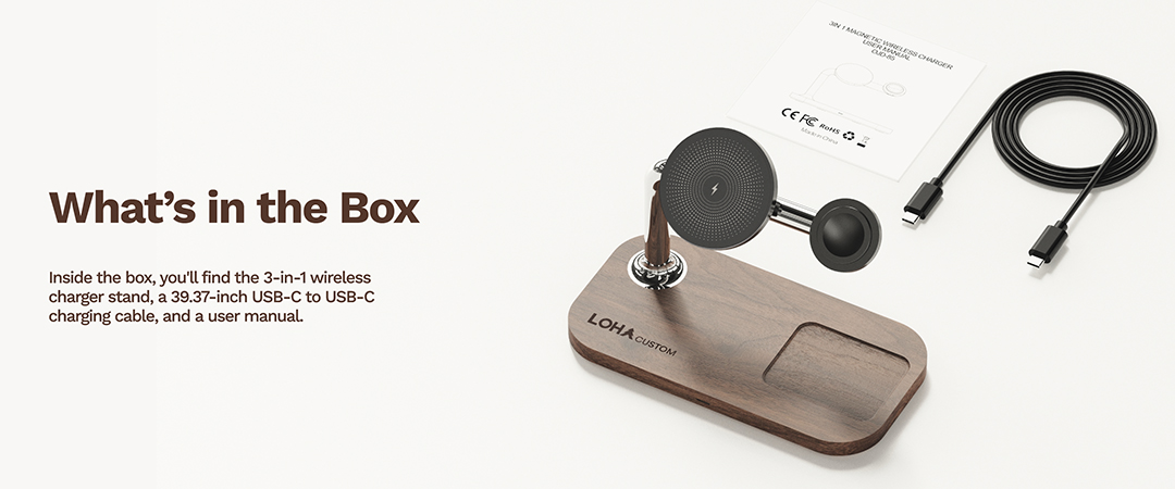 Package contents for black walnut wood 3-in-1 wireless charger stand