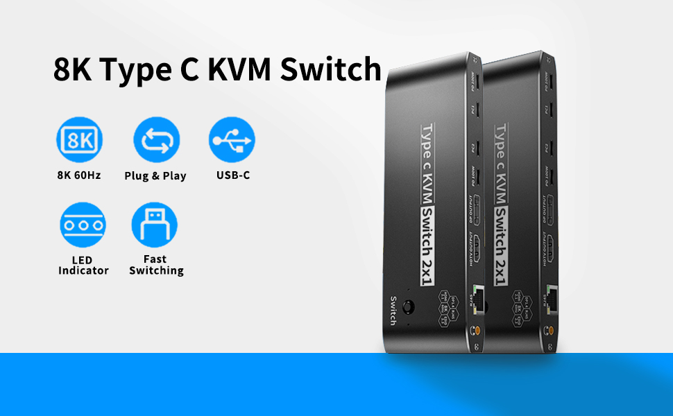 Hitoor 2 Ports Type C KVM Switch for 1 Monitors 2 Computers, 8K@60Hz USB C Type-C KVM Switches 2 in