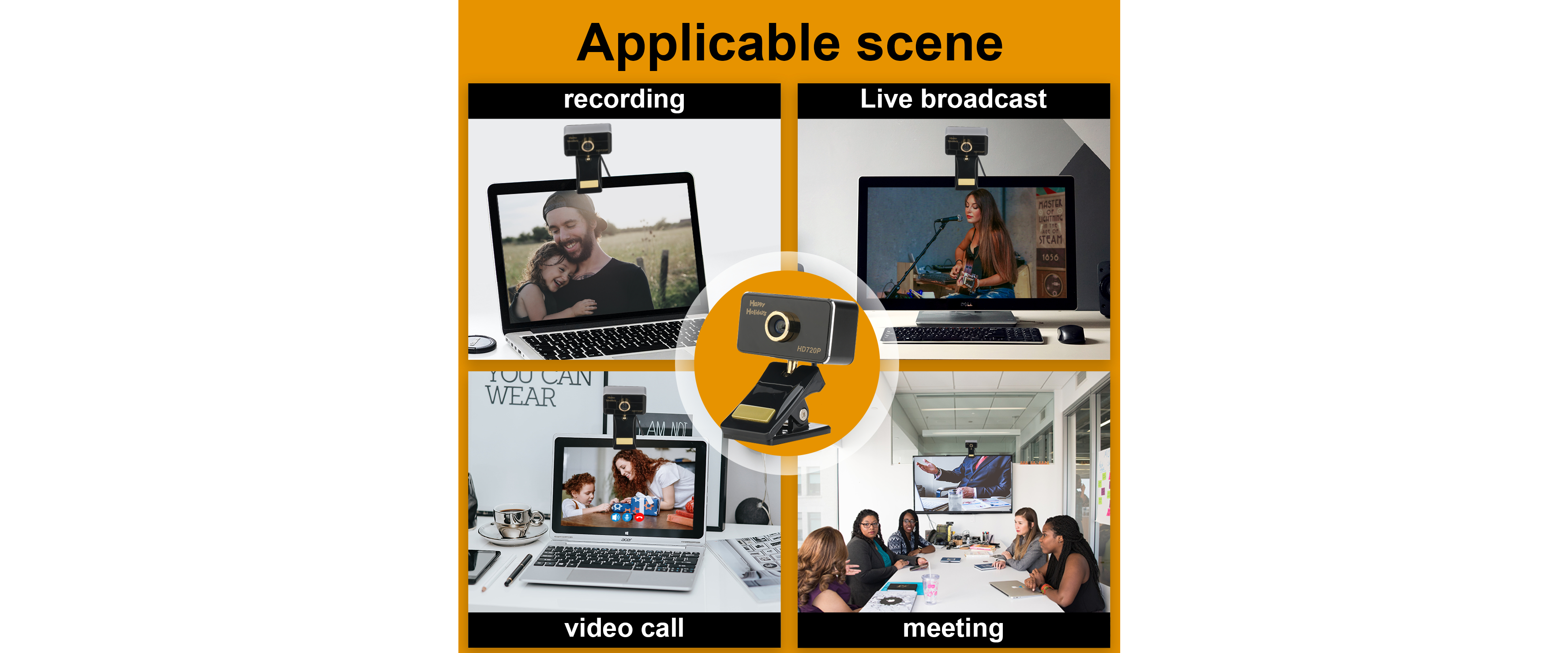720P webcam multi scene usage, recording live stream video call business meeting