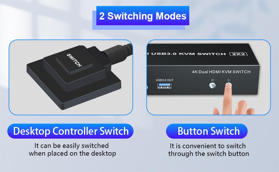 USB 3.0 Dual Monitor KVM Support 2 Switching Modes Quickly switch between the 2 computers with just