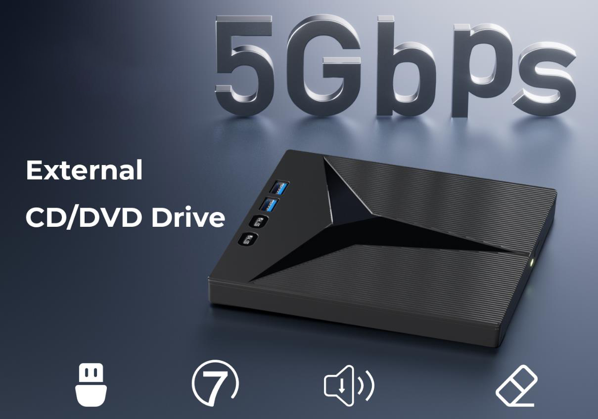 7 in 1 External CD/DVD Drive for Laptop, Portable External CD DVD Drive, USB 3.0 & Type-C CD DVD Bur