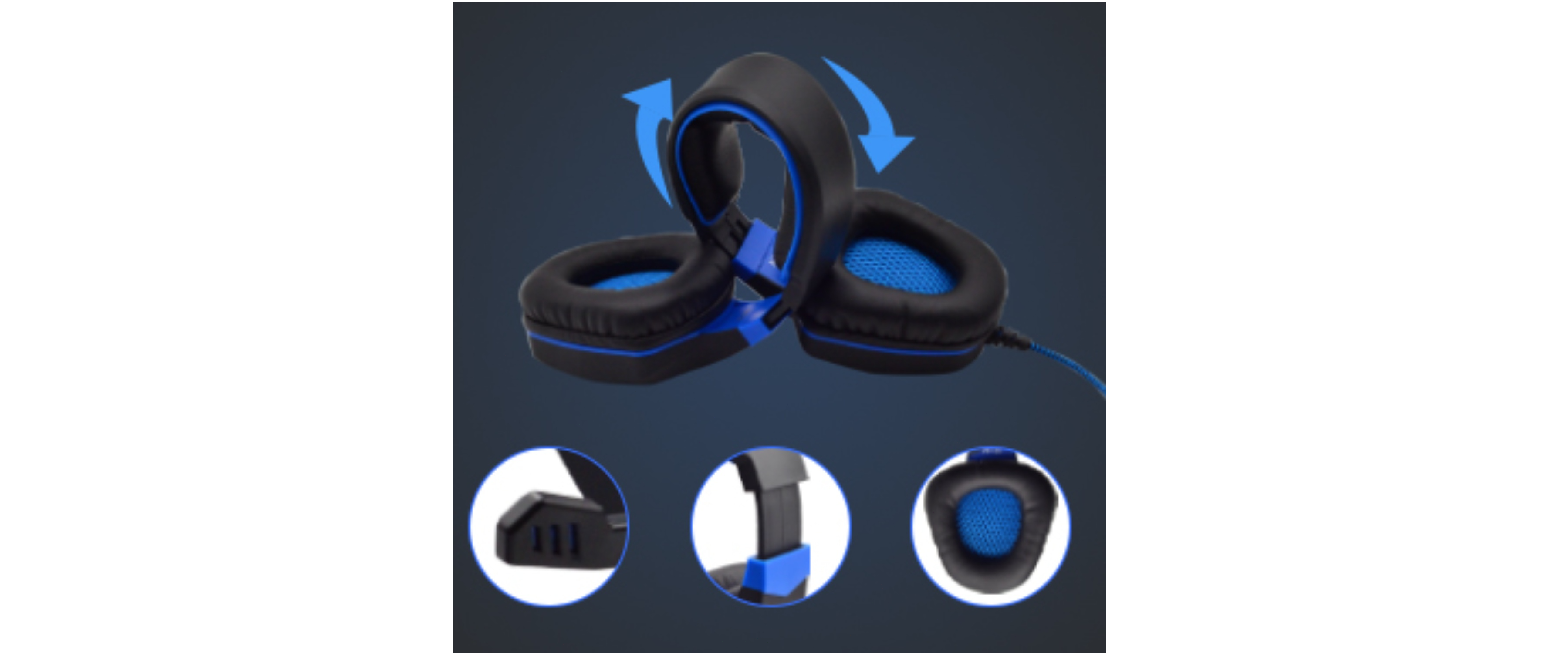 Foldable gaming headset, adjustable headband, blue black over ear headphone