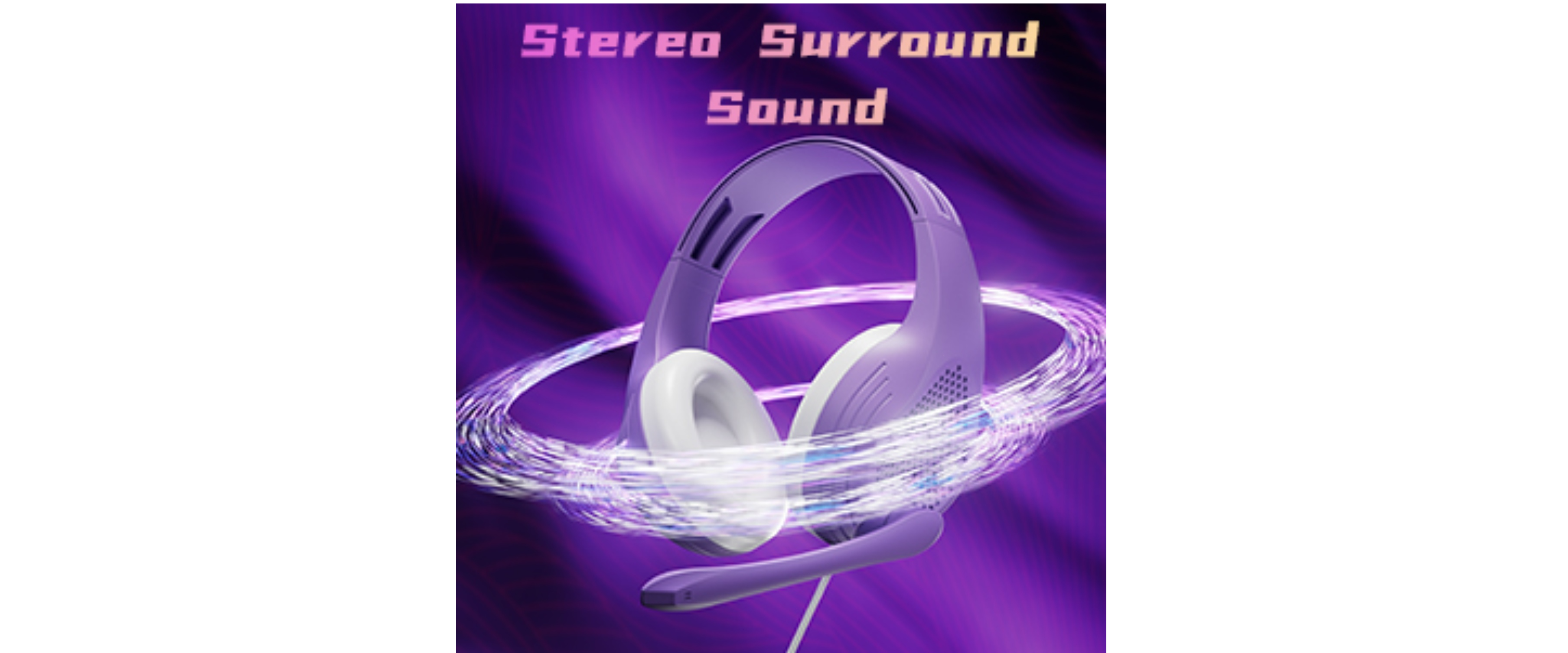 Purple over-ear headset, stereo surround sound, sound wave effect