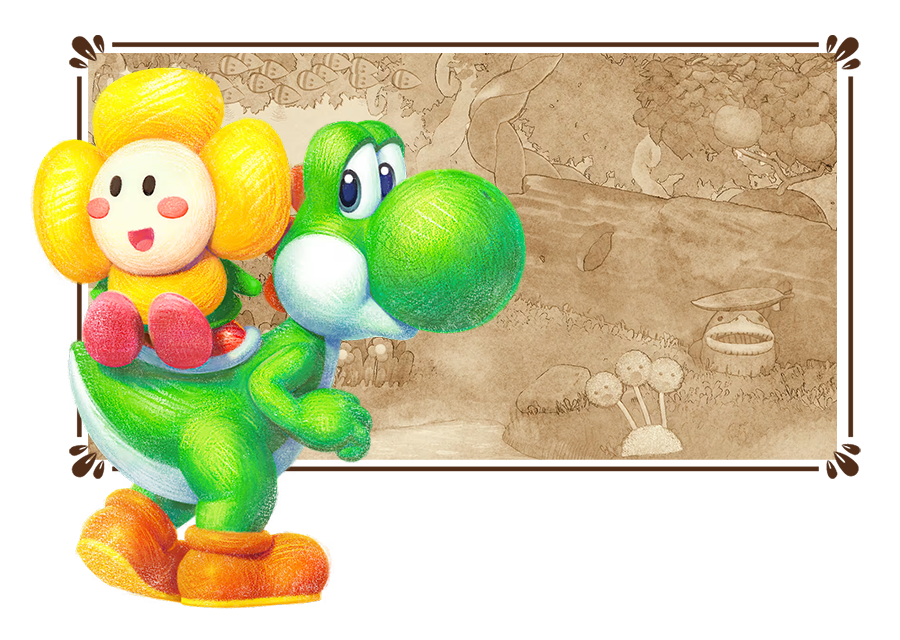 A flower-like creature, Crazee Dayzee, riding on Yoshi's back while a magnifying monocle looks on