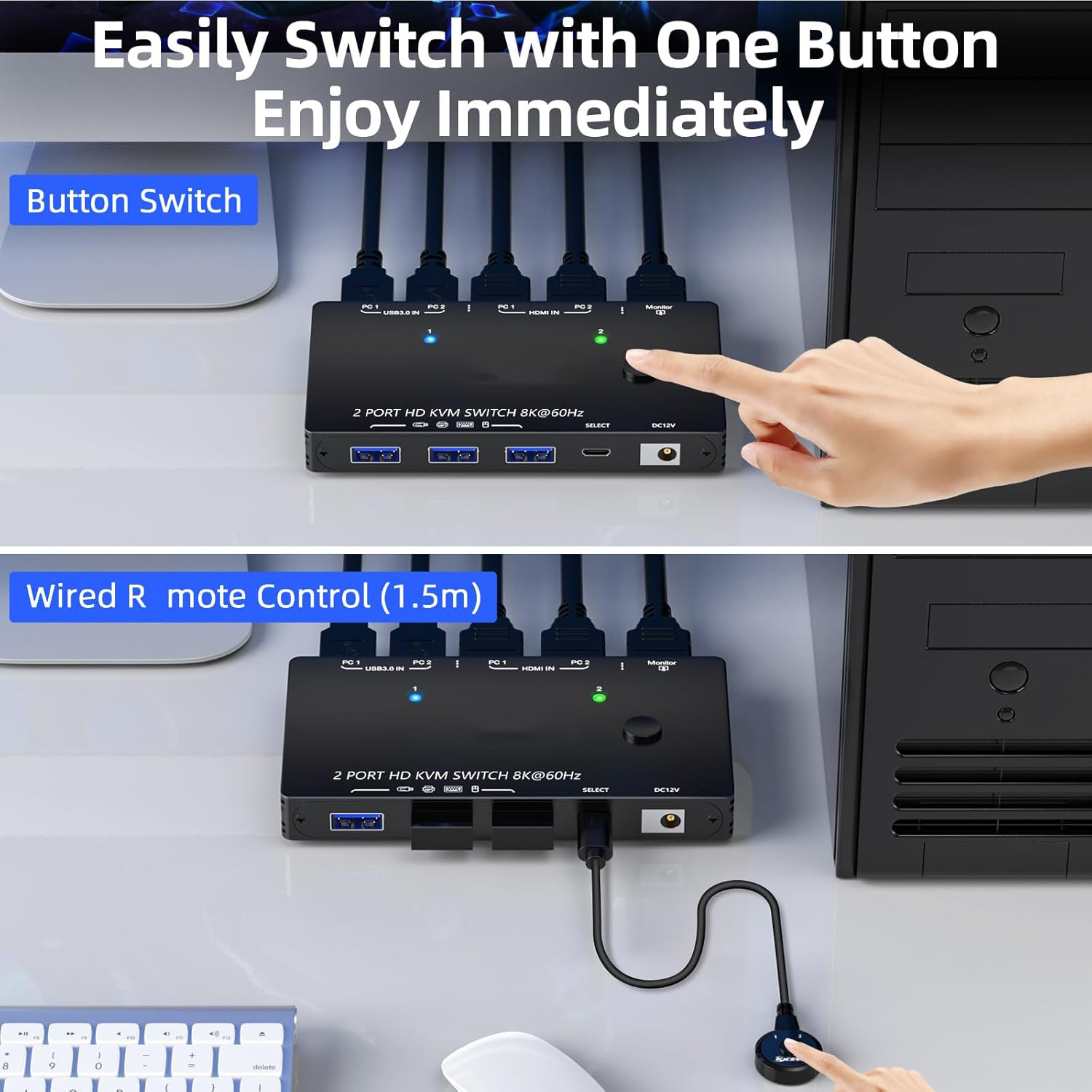 2 Ports HDMI KVM Switch 8K@60Hz, 2 in 1 Out HDMI KVM Switch for 2 PC Share 1 Monitor