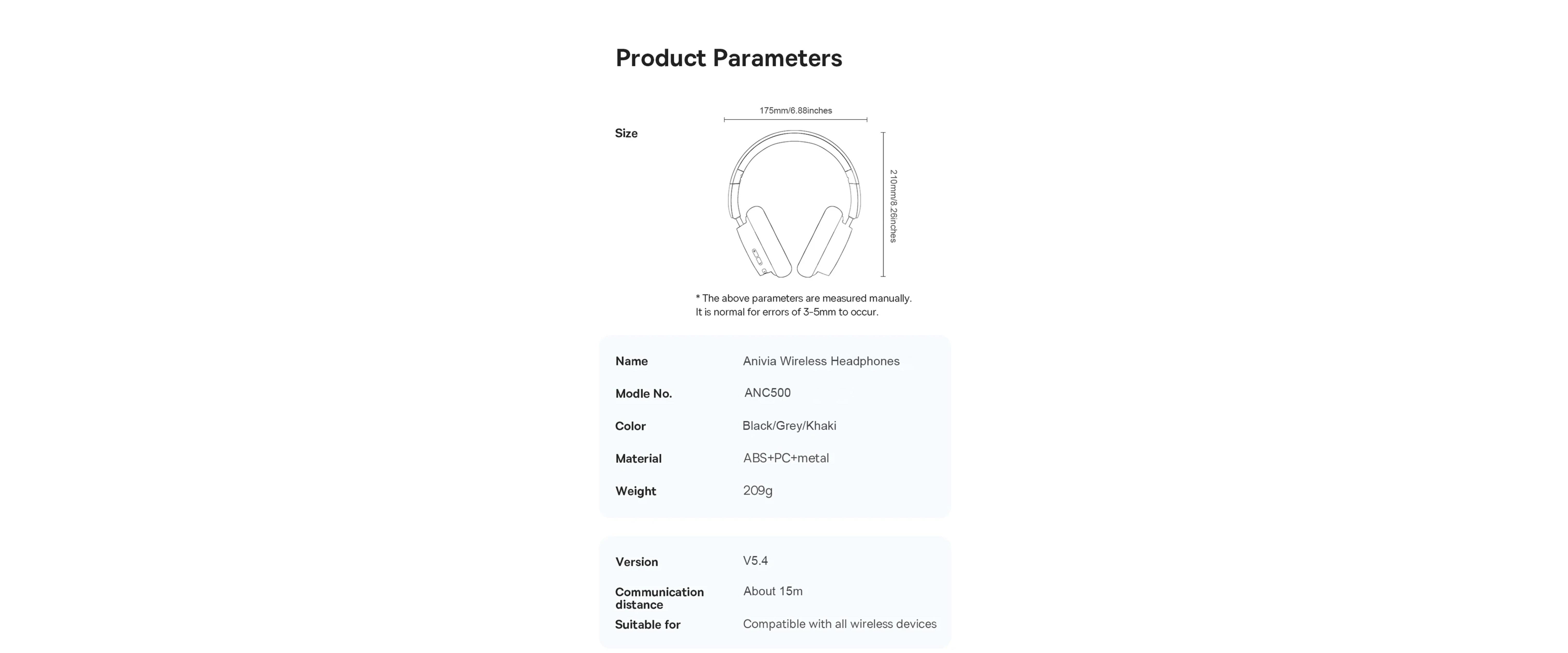 Anivia ANC500, product parameters, over ear headphones, size, weight, BT5.4, 209g, 3 colors