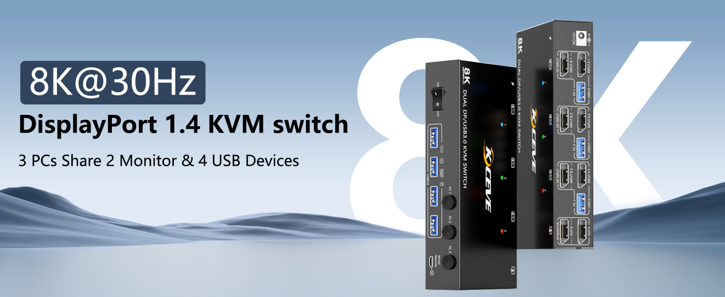 USB 3.0 Displayport KVM Switch 3 PC 2 Monitors 4K@144Hz 8K@30Hz, Dual Monitor KVM Switch 3 in 2 Out