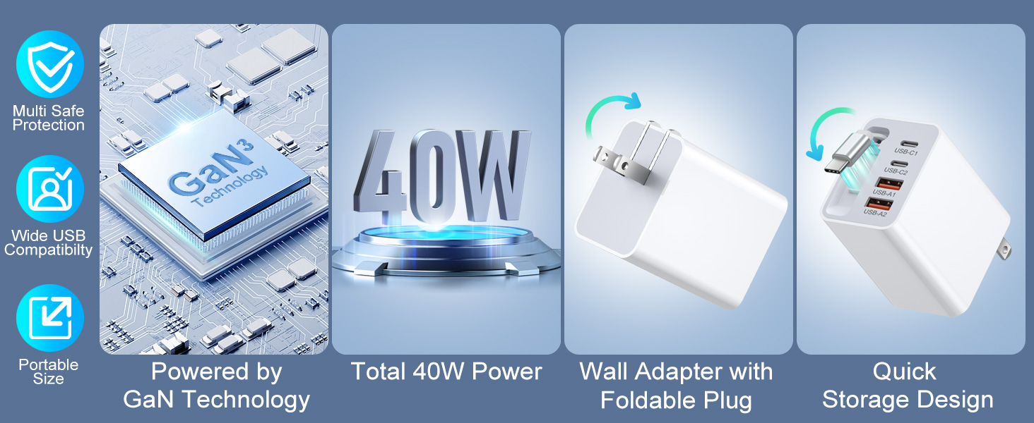 [2 PACK] 40W Retractable Wall Charger, 5-in-1 Dual USB-A & USB-C Phone Fast Charger, Multi Ports USB