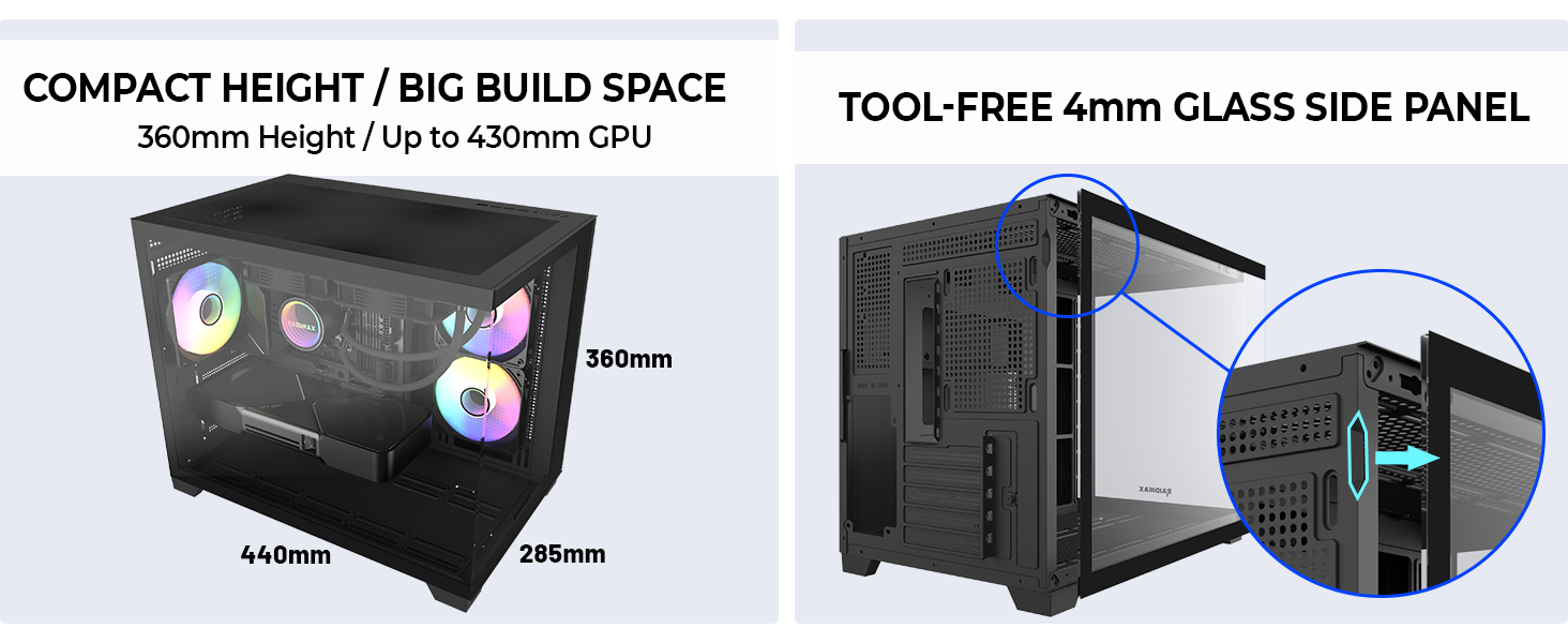 Compact Micro-ATX case with dual-chamber airflow,3 ARGB fans, 400mm GPU, and 360mm radiator support.
