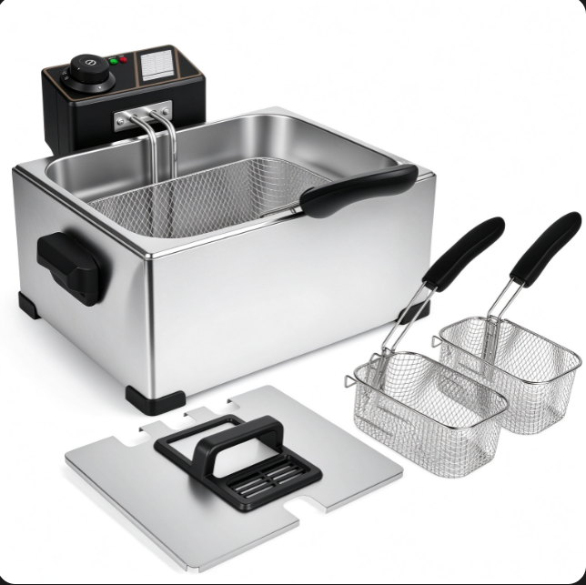 Commercial Stainless Steel Electric Deep Fryer with 2 Baskets and Lid