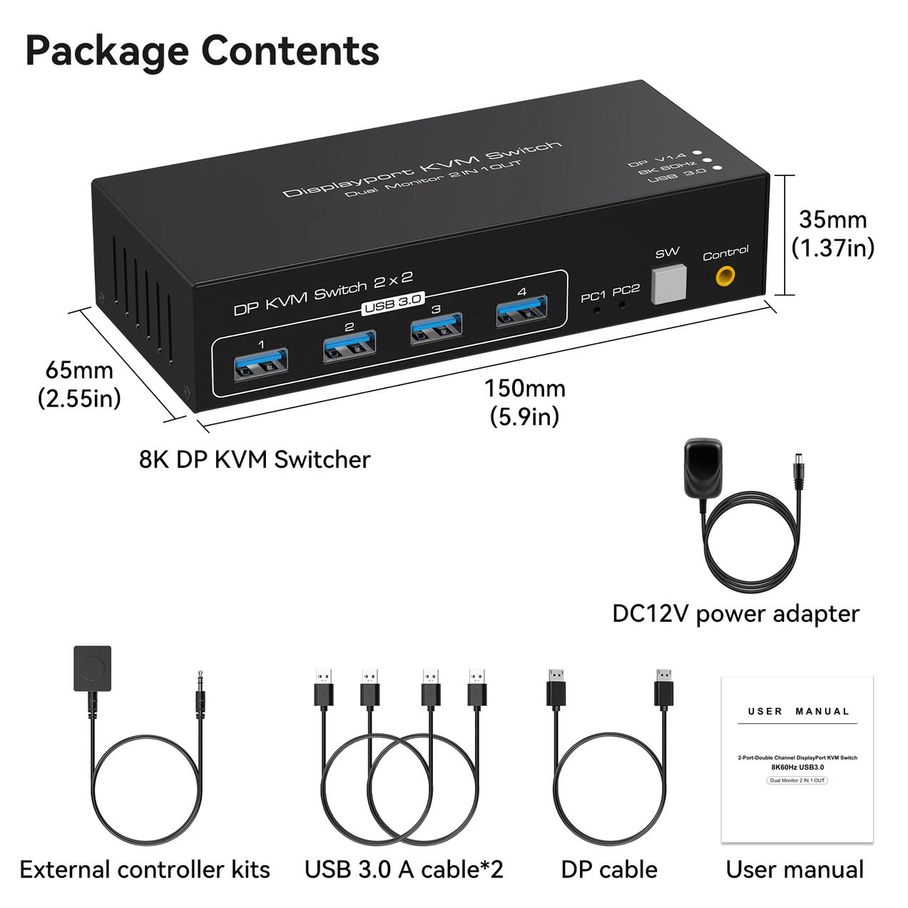 8K@60Hz Displayport KVM Switch 2 Monitors 2 Computers, 4K@120Hz Dual Monitor DisplayPort USB 3.0 KVM