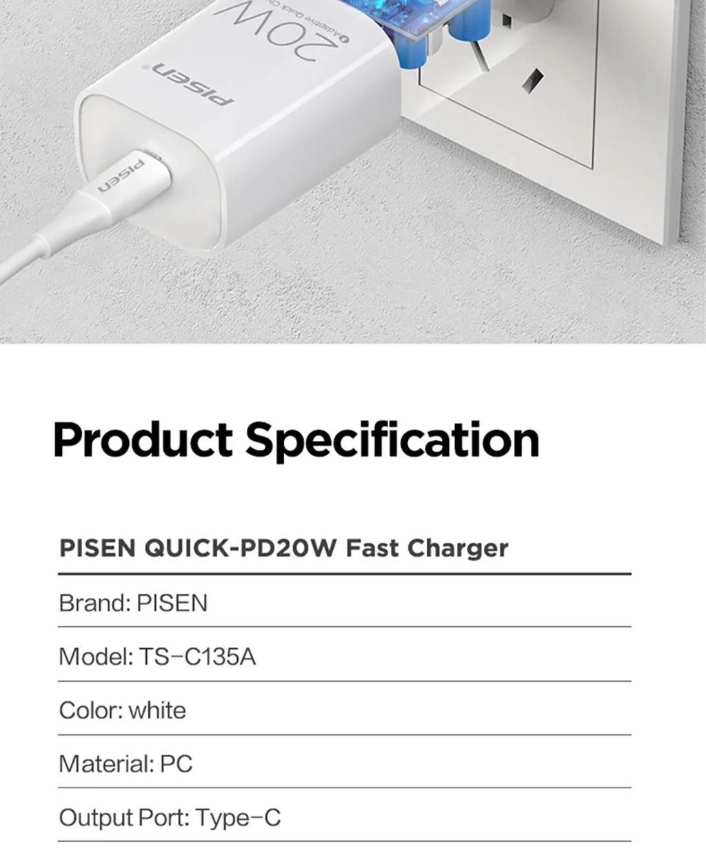 PISEN TS-C135A Quick USB-C 20W Fast Wall Charger