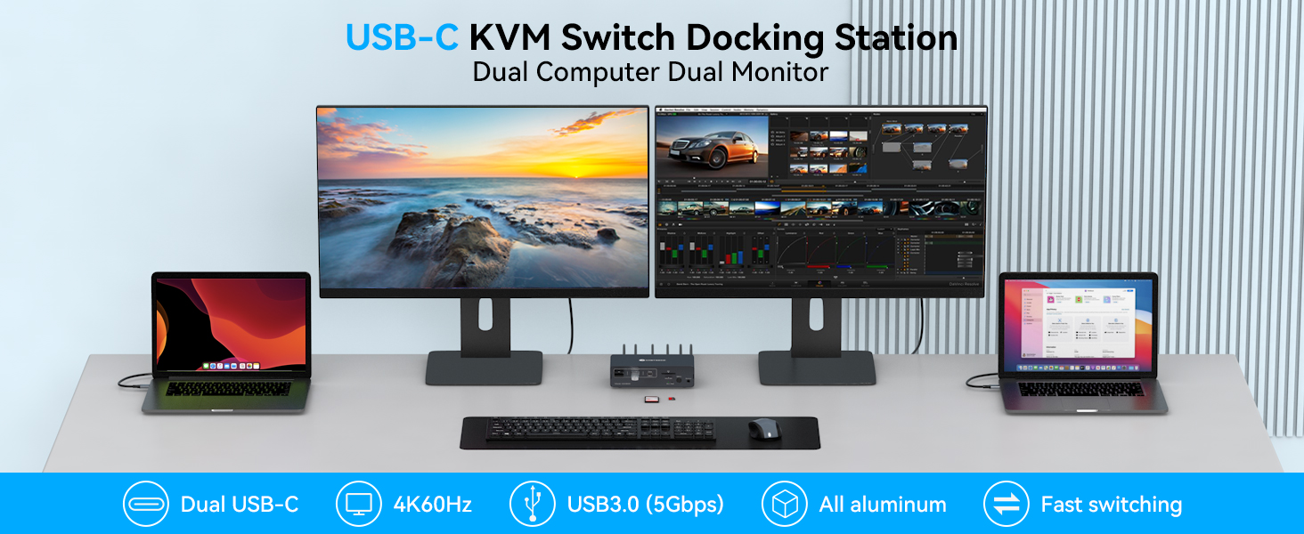 USB C KVM Switch 2 Monitors 2 Laptops, USB-C KVM Docking Station for 2 MacBooks, Dual Monitor HDMI &