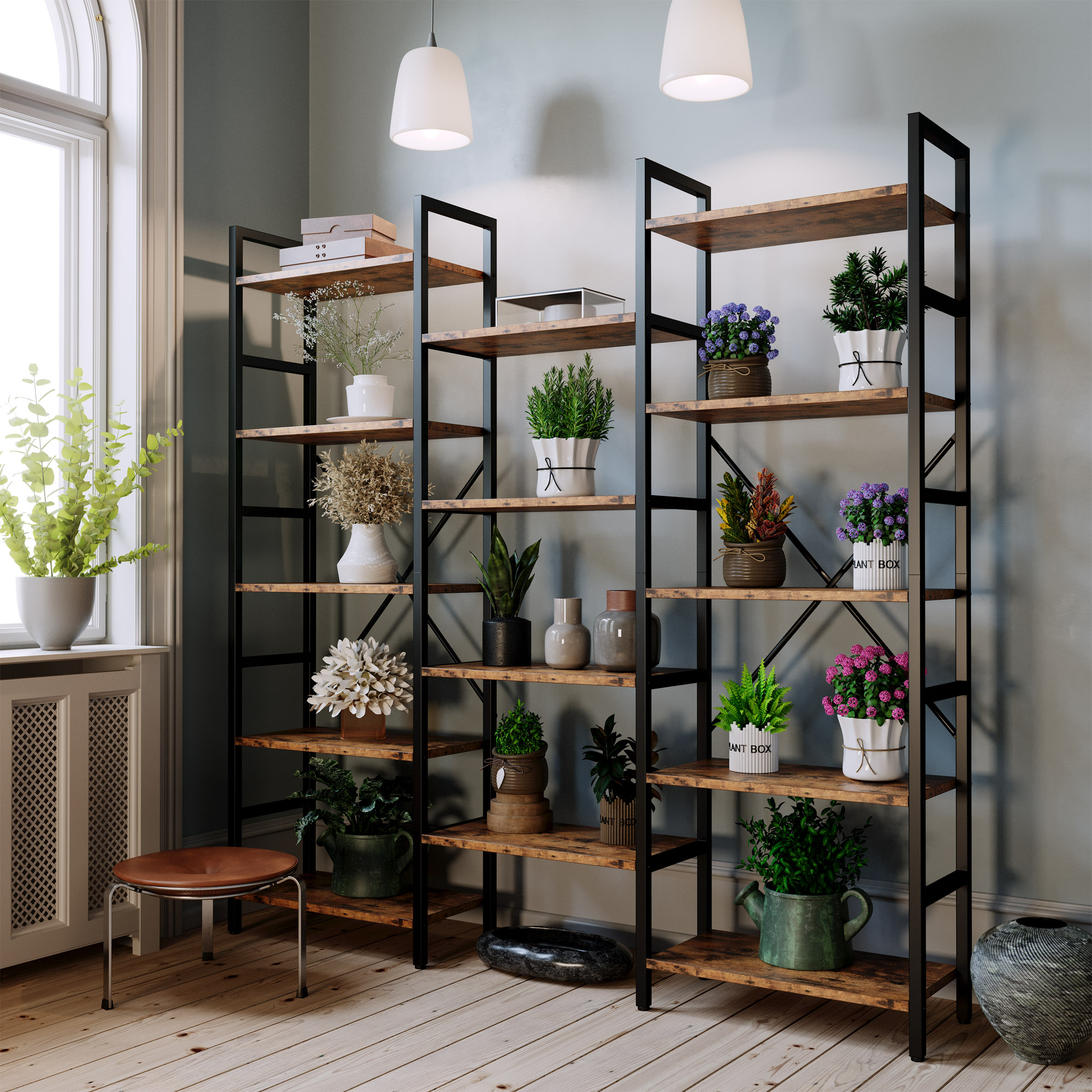 17 Stories Bookcases and Bookshelves Triple Wide 5 Tiers Industrial Bookshelf, Large Etagere Bookshelf Open Display Shelves with Metal Frame for Livin