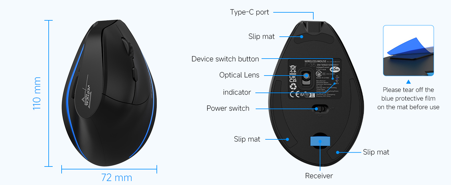 Ergonomic Wireless Mouse, Bluetooth Vertical Mouse with LED Light, Control Up to 3 Devices (BT5.0+BT