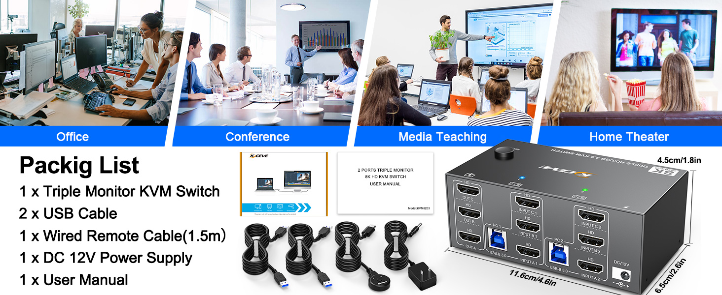 Each desktop computer needs to be connected to the KVM switch with 3 HDMI cables + 1 USB cable. 2 Sw