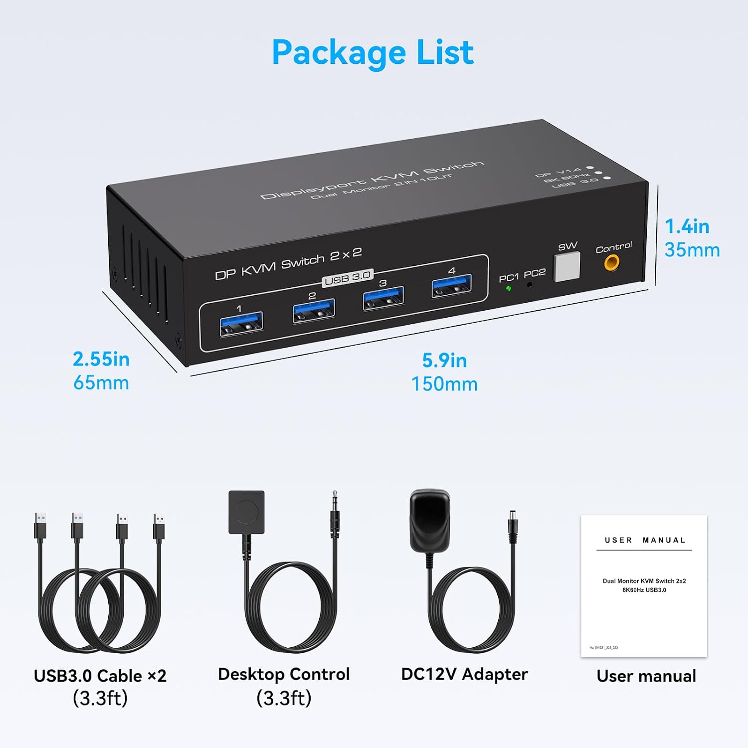 2 Port Displayport KVM Switch 2 Monitors 2 Computers 8K60Hz KVM Switch Dual Monitor with USB 3.0 Por