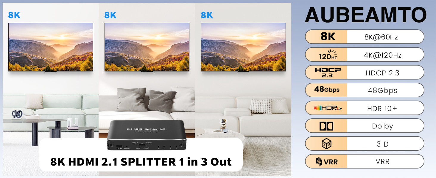 HDMI 2.1 Splitter 8K@60Hz, HDMI Splitter 1 in 3 Out
