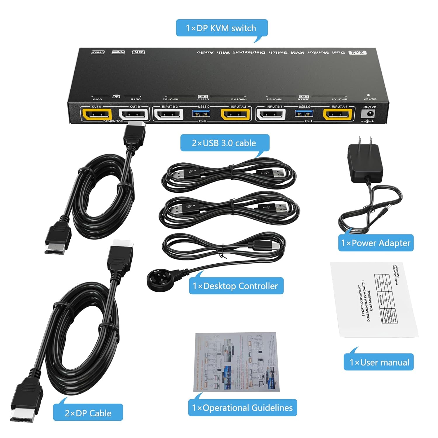 KVM Switch 2 Monitors 2 Computers, for 2 Computers to Share 4 USB 3.0 HUB and 2 Monitors, Support KV