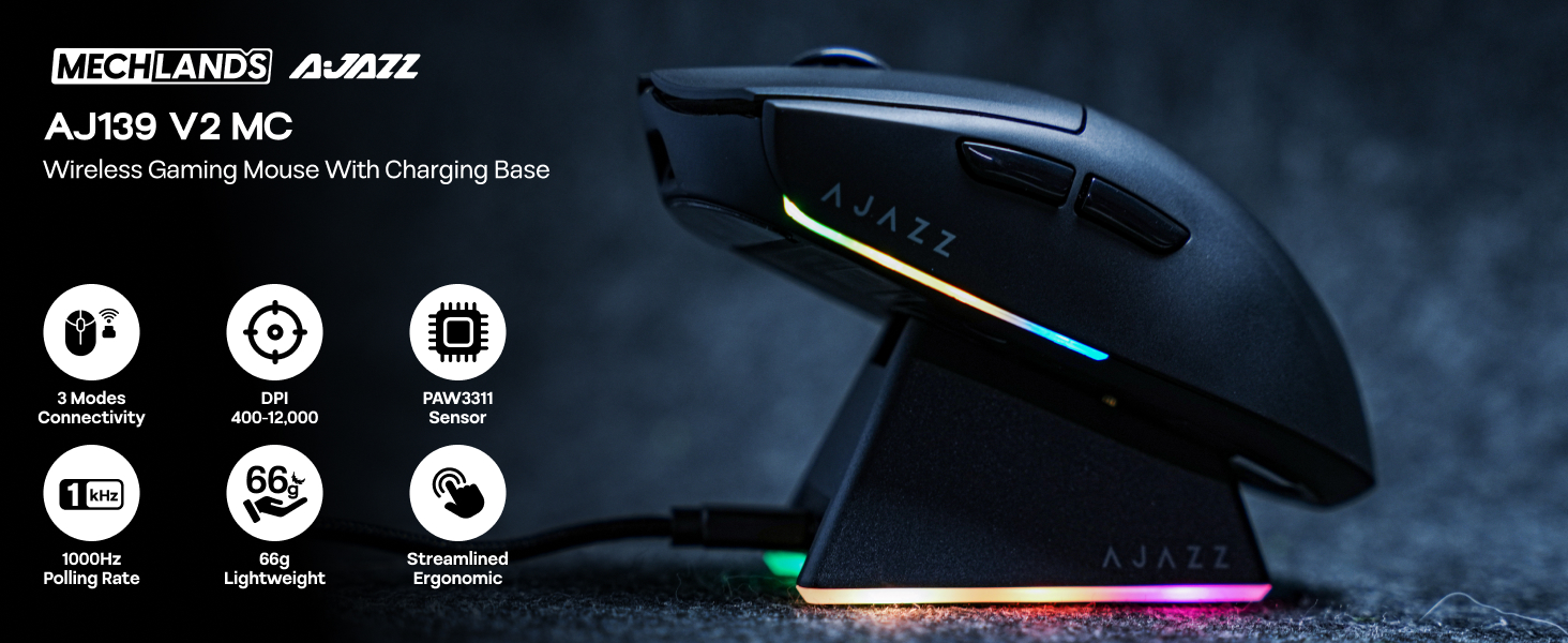 AJ139 V2 MC Gaming Mouse with Charging Base, Adjustable 12,000 DPI, PAW3311 Sensor, 3 Modes Wireless