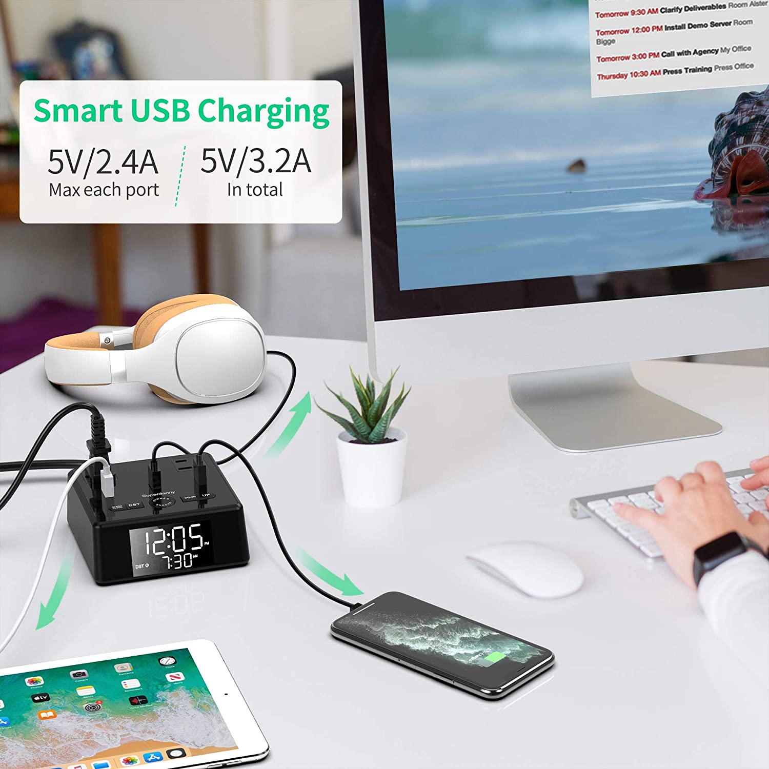 SUPERDANNY Digital Alarm Clock 3 USB Charger 2 AC Outlets 6.5ft