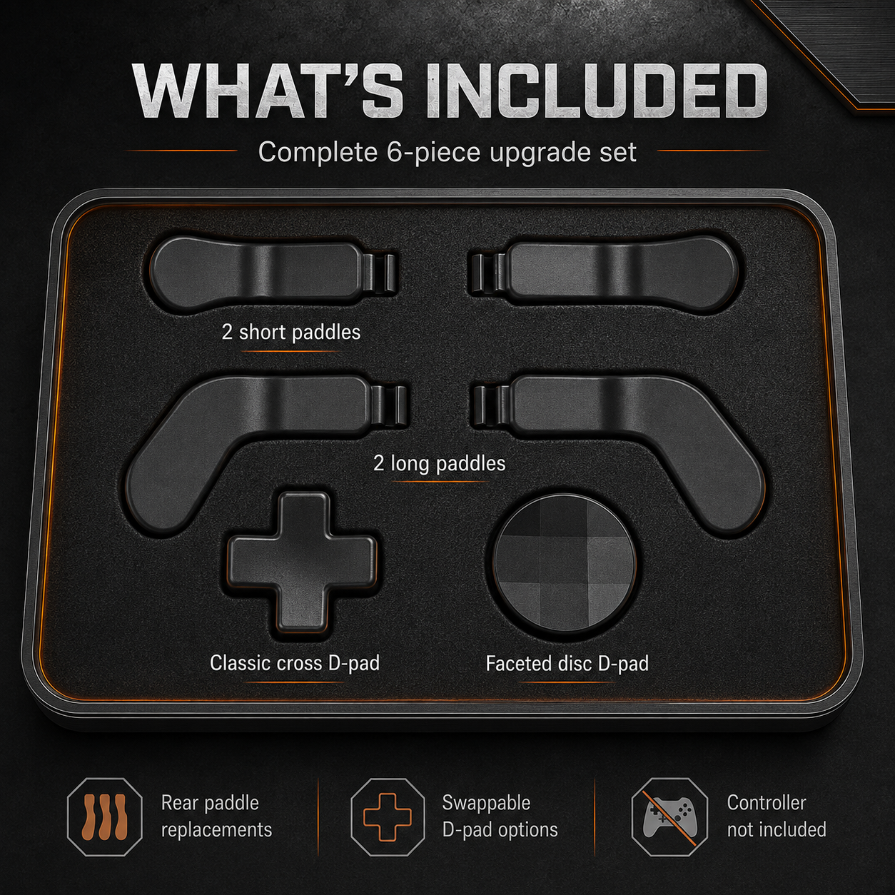 6 piece controller kit, 4 rear paddles, cross d pad, disc d pad, elite controller replacement parts