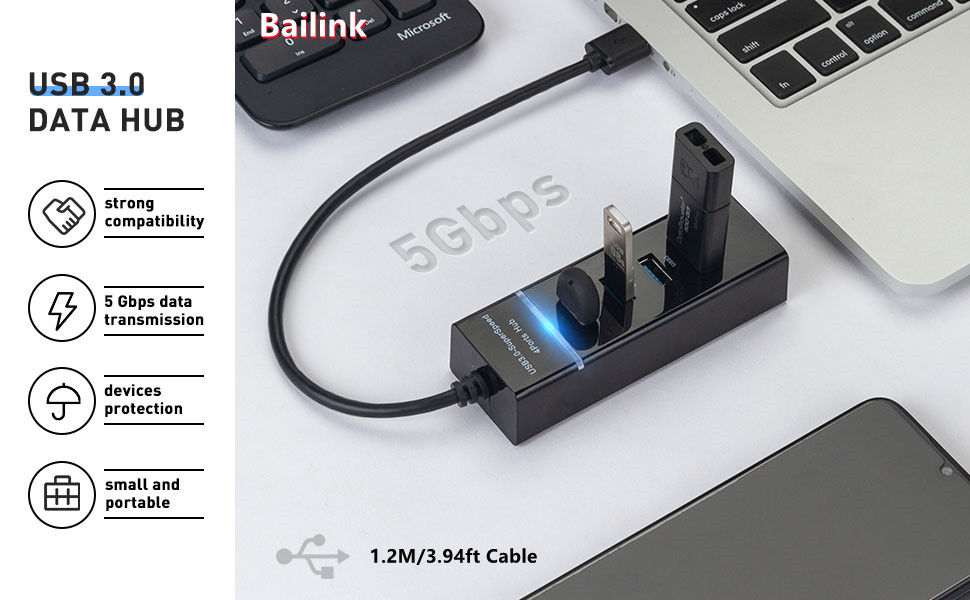 AXG HUE-S2BP: USB 3.0 4-port hub, 4xA USB-A cable, power supply unit, 120 cm  at reichelt elektronik