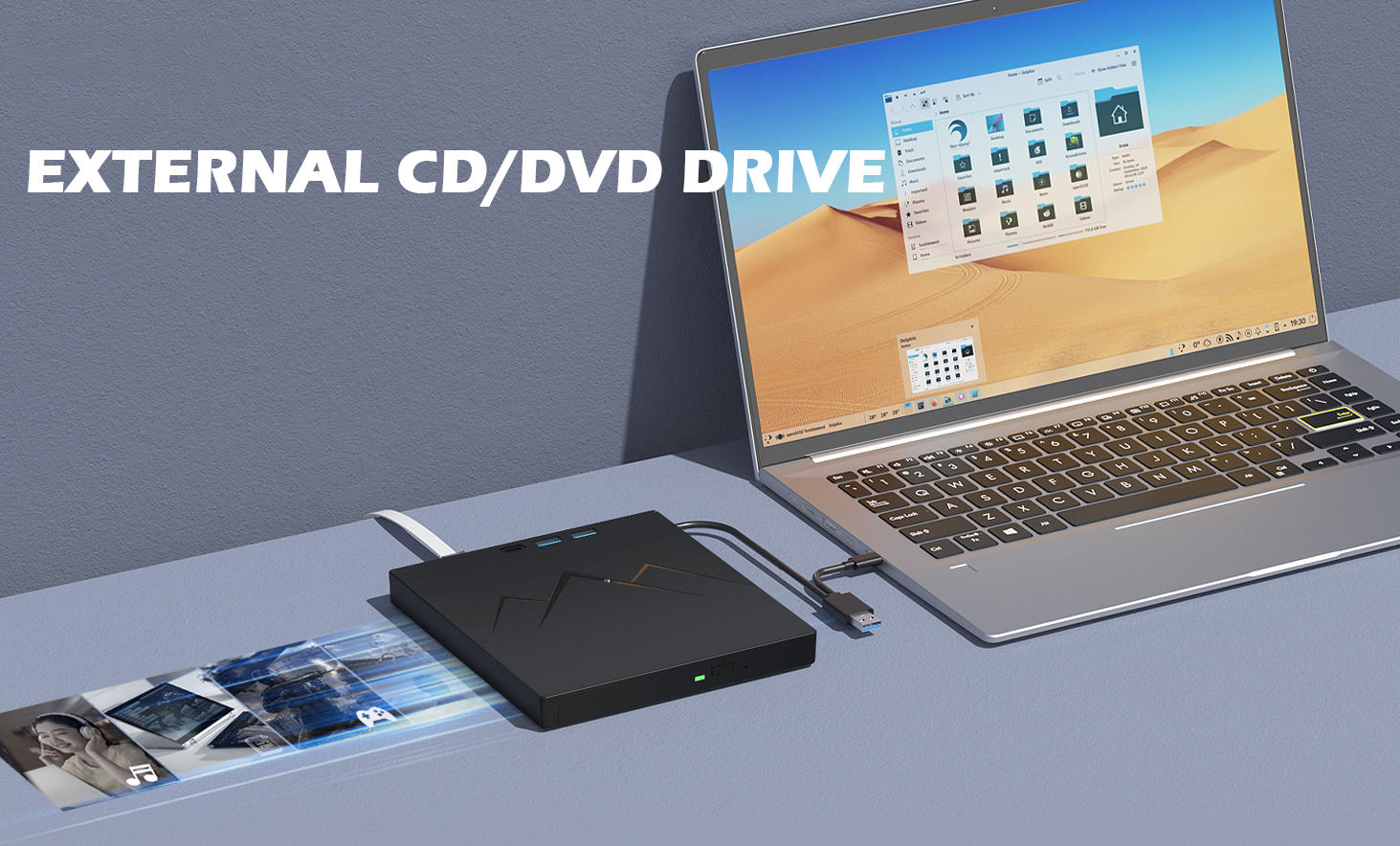 7 in 1 External CD/DVD Drive For Laptop With LAN PORT, Portable DVD Player For Laptop with Ethernet