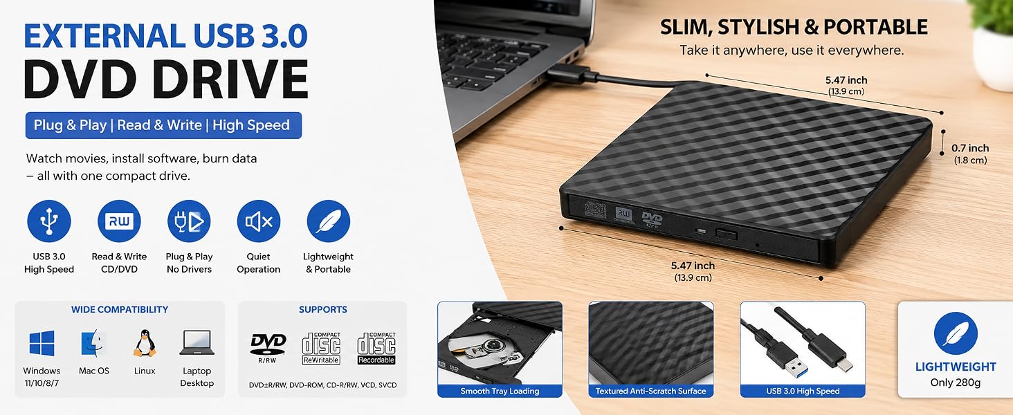 External DVD Drive, USB 3.0 Type-C External CD/DVD Drive, Portable CD DVD +/-RW Burner Reader for La