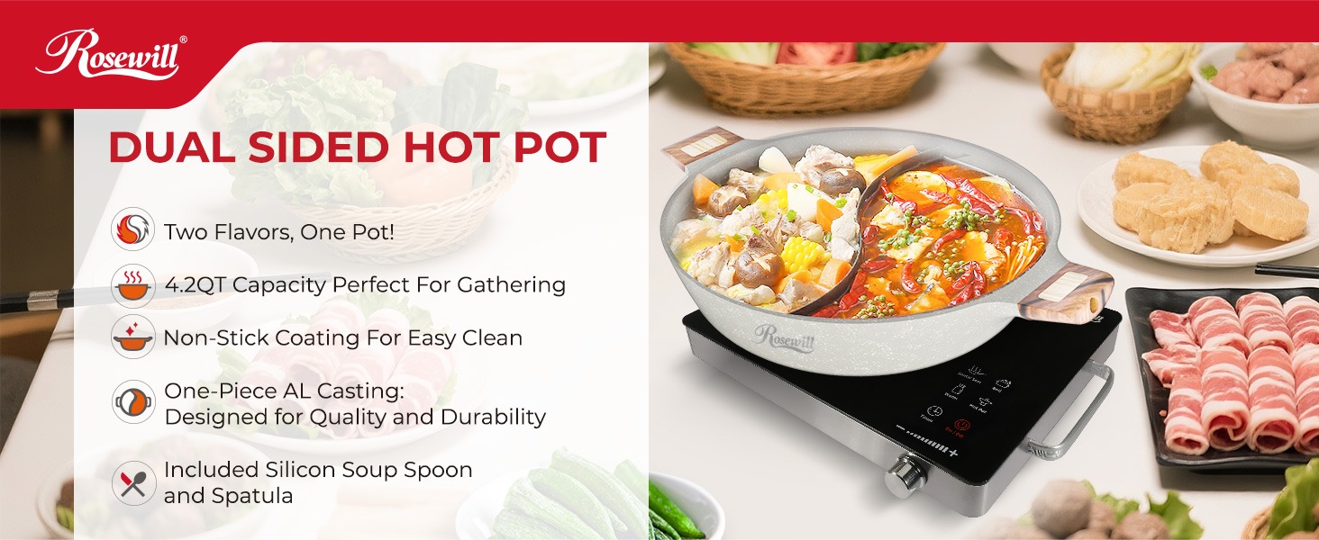 Rosewill 4.2QT Double Flavor Non-sticking Shabu Shabu Hot Pot with Divider - Beige