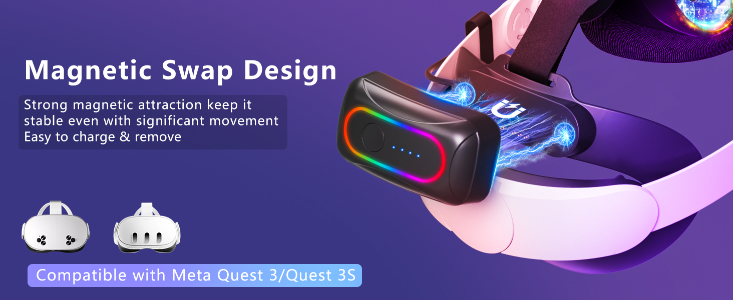 10000mAh Battery Head Strap for Me-ta Quest 3S/3 with Cool RGB and Magnetic Battery Design