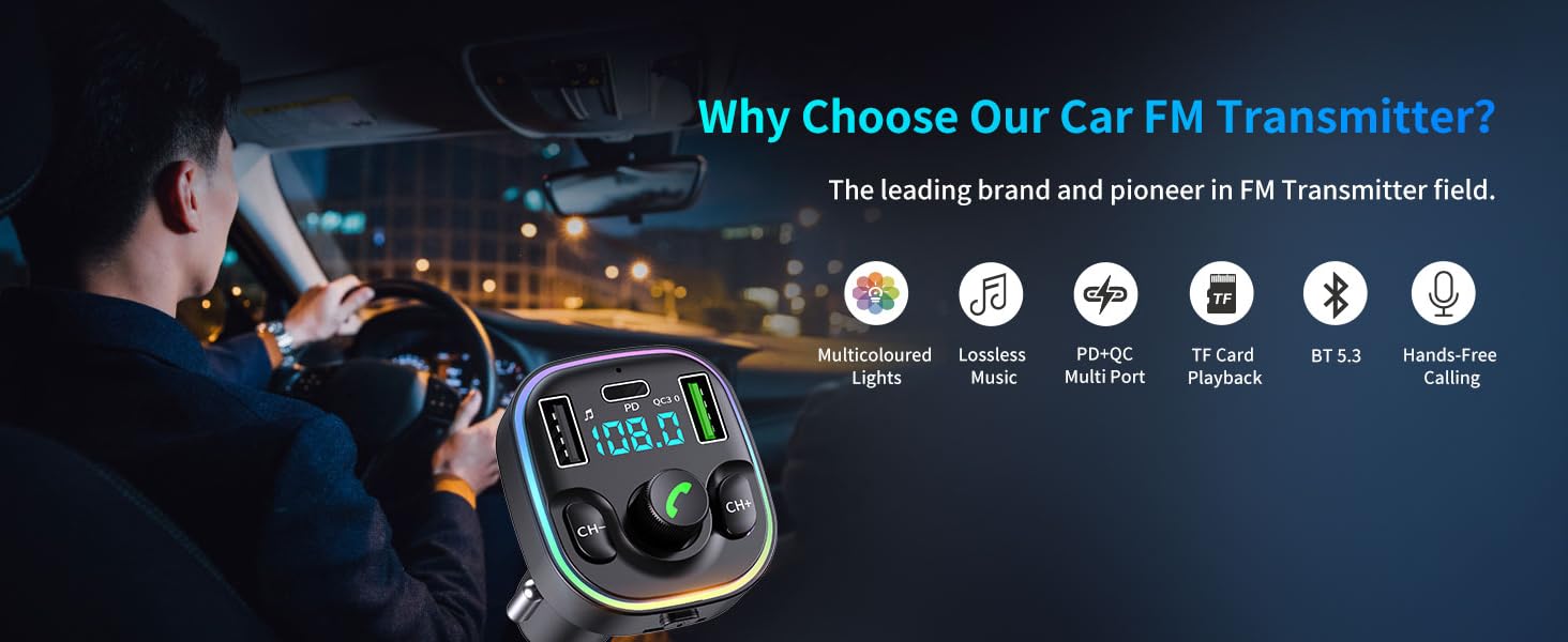 Bluetooth 5.4 FM Transmitter Car Adapter - Car Bluetooth Adapter with Fast Charger