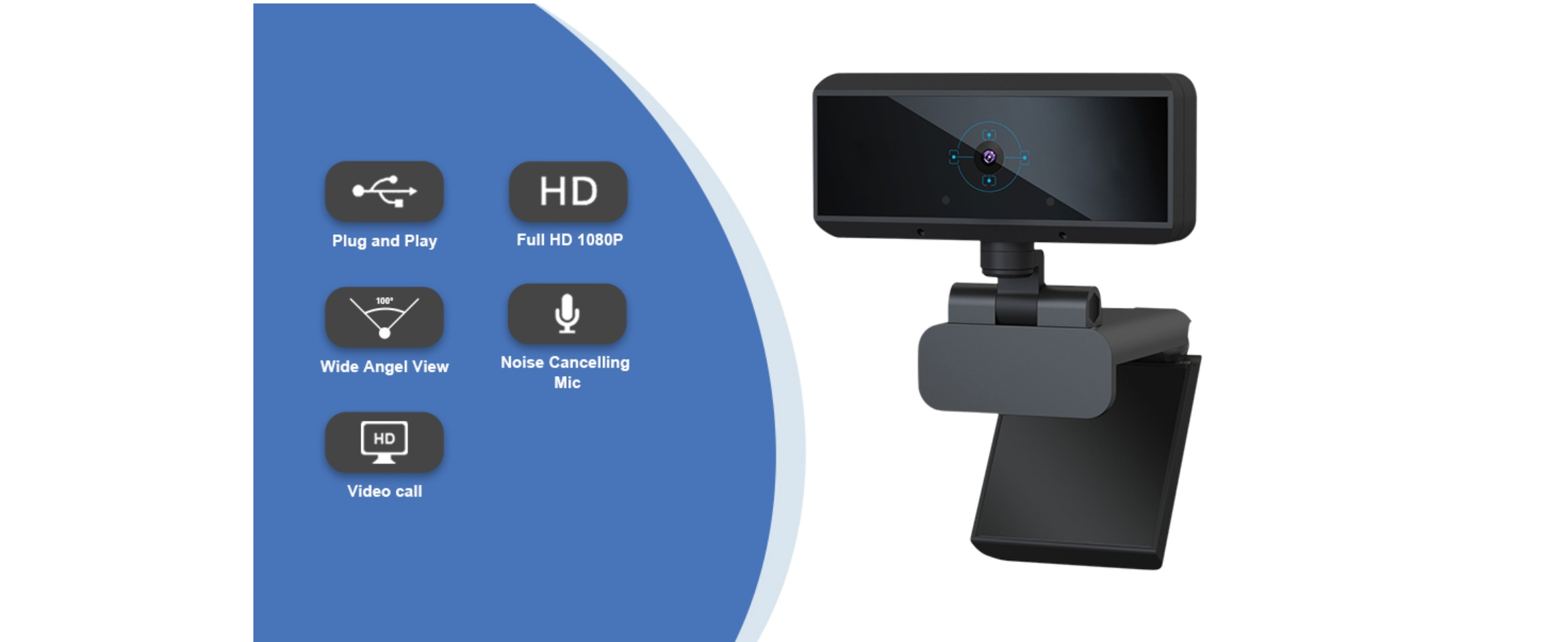 HD webcam, built-in mic, plug and play