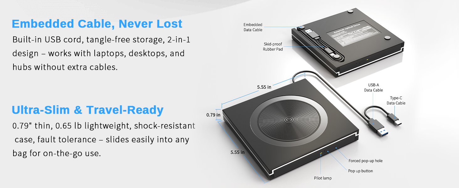 External CD/DVD Drive for Laptop Desktop Ultra-Slim Portable DVD/CD Burner, Plug & Play External Opt