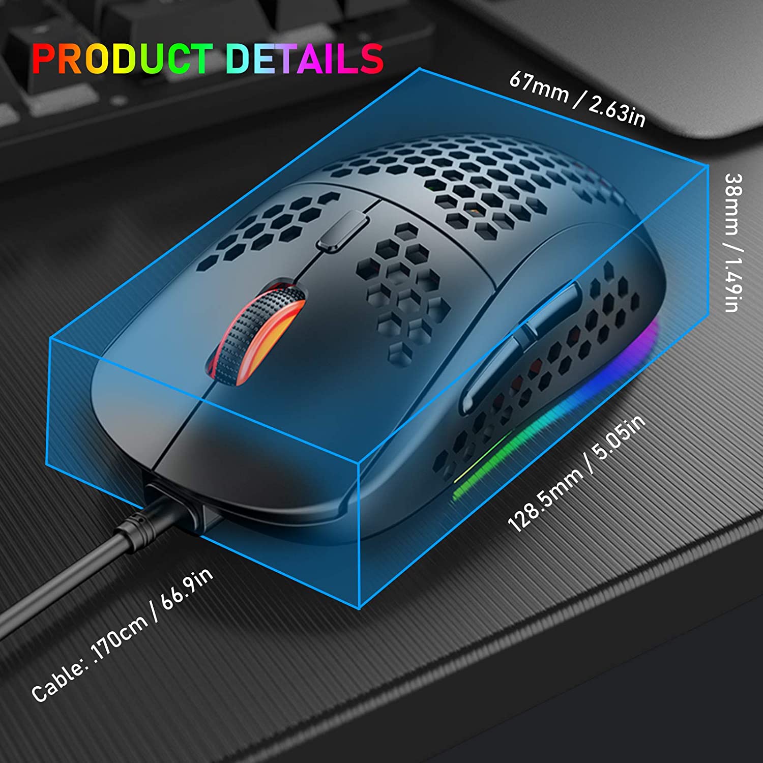Lightweight Honeycomb Shell Wired RGB Gaming Mouse - Programmable 7 Buttons - Adjustable 7200 DPI -