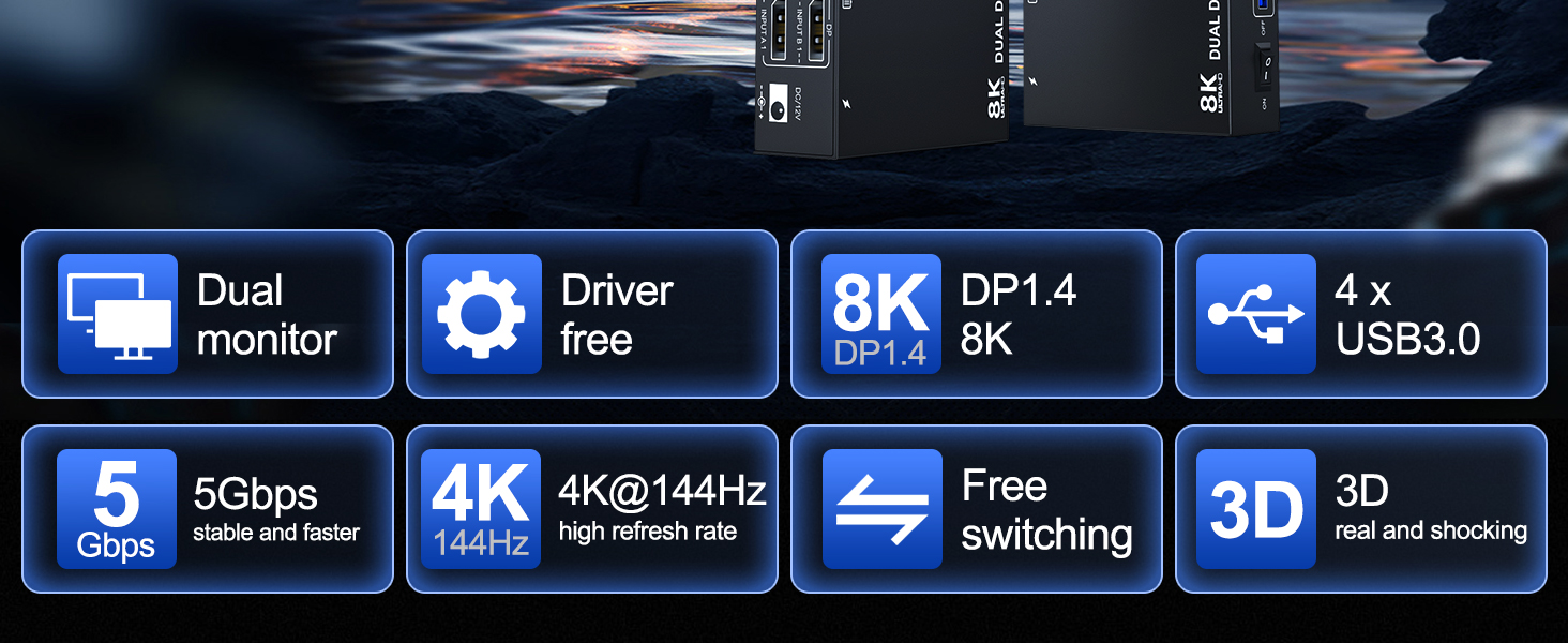 Hitoor 8K DisplayPort KVM Switch 2 Monitors 4 Computers, Dual Monitor KVM Switch Displayport USB 3.0