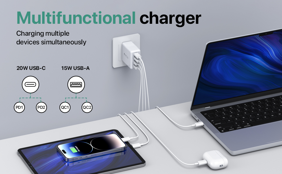 40W 4-Port USB C Charger Block