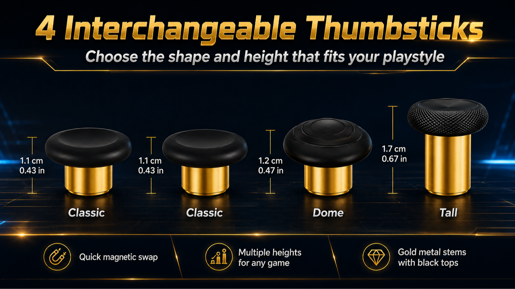 gold interchangeable thumbsticks, gold metal stems